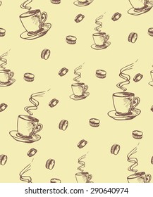 Hand drawn vector doodles Illustration. Seamless pattern. Coffee cup with coffee beans