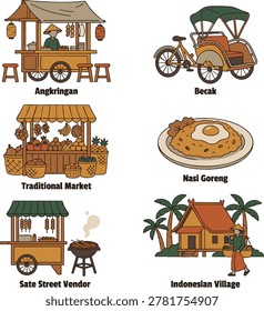 Hand drawn vector doodles of Indonesian culture, featuring local transportation, traditional market, and village atmosphere.