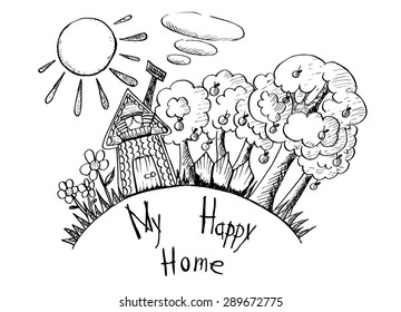 Hand drawn vector doodles. My happy home, Park apple trees