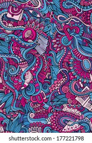 Hand drawn vector doodles seamless pattern with female fashion things