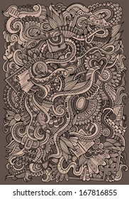 Hand drawn vector doodles sepia background with female fashion things