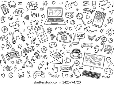 Doodles vectoriales dibujados a mano. Sei os los medios sociales a y dispositivos objetos y elementos