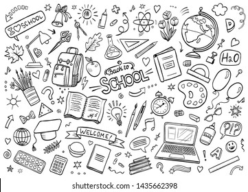 Hand drawn vector doodles  Set isolated back to school objects   lettering 