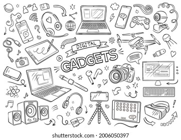 Hand drawn vector doodles. Set of isolated objects and lettering. Gadgets