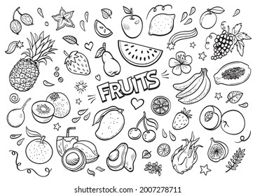 Hand drawn vector doodles. Set of isolated fruit objects and lettering