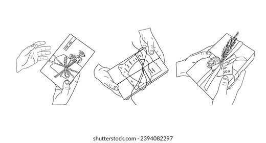 Hand drawn vector doodles set with hands and gifts. Male hands giving gift box on celebration. Christmas, Valentines, birthday concept compositions. Perfect for tattoo, sticker, decoration, printout