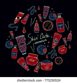 Hand drawn vector doodles set of skin care make up , dark red on black background