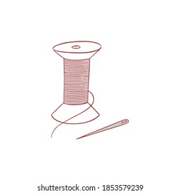 Hand drawn vector doodles - spool of thread and needle isolated on white background.