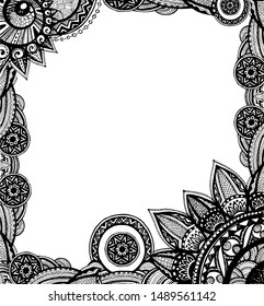 Hand drawn vector doodling frame. Zentangle card on white background