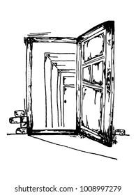 Hand drawn vector door with magic reflections of many doors. Double exposure. 
