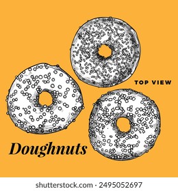 Handgezeichnete Vektorgrafik Donuts. Draufsicht auf drei Donuts mit Vanille, Beere, Schokoladenglasuren und Streuseln. Einfache Bearbeitung und Verwendung von Vektorgrafik-Lebensmittelressourcen. Schwarze Kontur, weiße Füllung in separaten Gruppen.