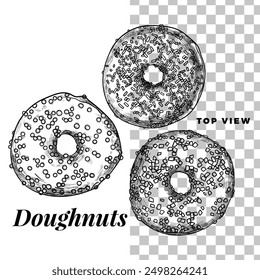 Handgezeichnete Vektor-Donuts. Draufsicht auf drei Donuts mit Vanille, Beere, Schokoladenglasuren und Sprinkles. Einfach zu editieren und Vektorlebensmittel zu verwenden. Schwarzer Umriss, keine Füllung, mit feinen Details. 