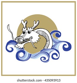 Hand drawn vector dragon for asian restaurant logo or brochure cover. Good cartoon dragon for sushi rolls or chinese food. Could be used as dragon boat festival promotion.