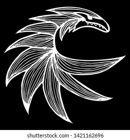 Hand drawn vector dragon illustration isolated on black background. Fantastic dragon icon. Freehand mythology aminal. Fantasy outline illustration.