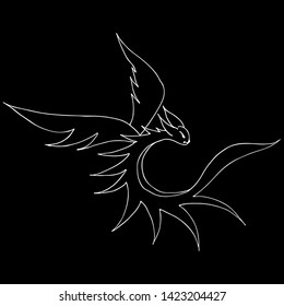 Hand drawn vector dragon illustration isolated on black background. Fantastic dragon icon. Freehand mythology aminal. Fantasy outline illustration.