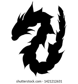 Hand drawn vector dragon silhouette isolated on white background. Fantastic dragon icon. Freehand mythology aminal. Fantasy outline illustration.
