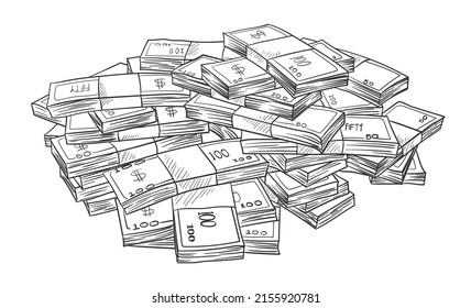 Hand drawn vector drawing of bundles of green paper notes for your wealth, cash dollars profit from business, savings bank investment, commerce