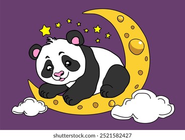 Hand drawn
vector drawing for children t-shirt. 
Cute panda sleeps at night on 
moon in clouds with stars
on lilac background. Cartoon design for textile, 
paper, fabric, kids clothing, pajamas.