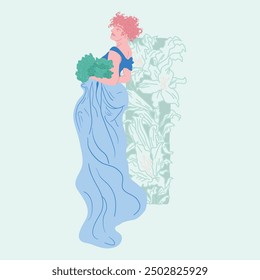 Hand drawn vector drawing of classic woman in art nouveau style, with ornaments and florals, classical art, modern art fashion template.