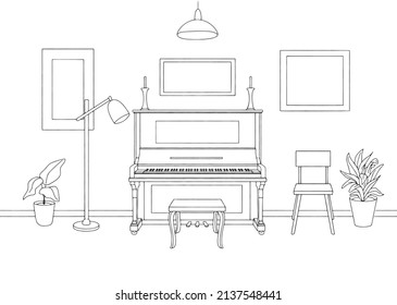 Dibujo vectorial a mano del interior de una sala con un piano, sillas y marcos de imagen en forma de contorno