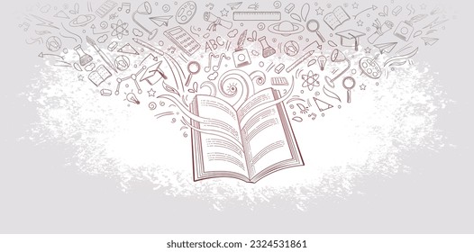 Handgezeichnete Vektorgrafik von Open Book Doodles. Handgezeichneter Satz von Boxdoodle-Elementen, Bildungs-Symbole auf isoliertem Hintergrund. Buchelemente Concept line Zeichnung Vektorgrafik.
