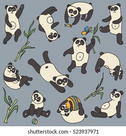 Hand drawn vector drawing with pandas  for wallpaper, card, textile, comic, poster, icon