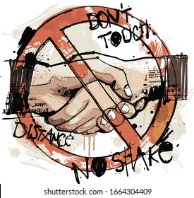 Hand drawn vector drawing showing a prohibition sign shaking hands