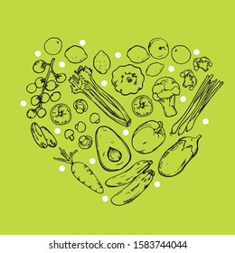 Hand drawn vector drawing vegetables and fruits on a light green background. Healthy food.