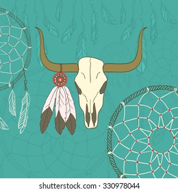 Hand drawn vector with dream catcher and buffalo skull on it