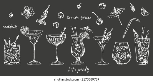 Hand drawn vector drinks illustration. Alcoholic cocktails set with fruits, ice. Mojito, margarita, brandy, wine, vodka, tequila, whiskey, pina colada, gin, summer tropical coconut pineapple mix.