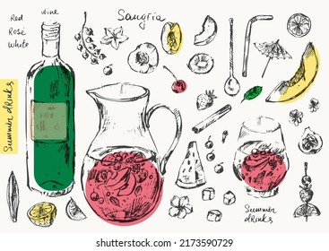 Ilustración de bebidas vectoriales dibujadas a mano. Ingredientes Sangria elaborados con botellas de vino tinto, jarra, vidrio, frutas, hielo.