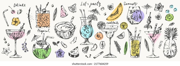 Hand drawn vector drinks illustration. Alcoholic cocktails set with fruits, ice. Mojito, margarita, brandy, wine, tequila, whiskey, pina colada, summer tropical coconut pineapple mix, sangria.