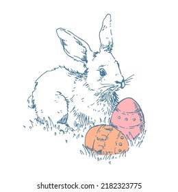 Hand drawn vector easter bunny illustrration. Cute easter bunny with egg on a lawn. Spring design template