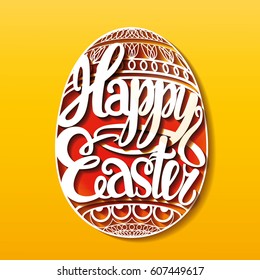 Hand drawn vector Easter egg decorated with lettering over red background. Happy easter design elements. Religious holiday illustration for poster.