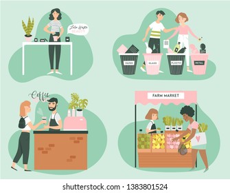 Hand drawn vector eco people set. Graphic illustrations art collection with girls and boys zero waste concept isolated on white background