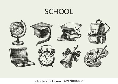 Hand drawn vector educating object set. Back to school vintage sketch illustrations