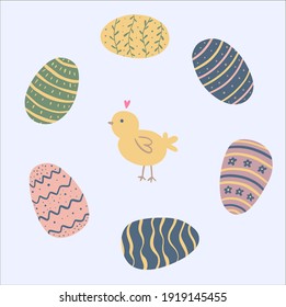 Hand drawn vector eggs with nice chicken happy easter decorative set