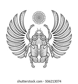 Hand drawn vector Egyptian  scarab beetle with wings, spirituality symbol of Sun. Zentangle monochrome illustration. Magic Egyptian sacred bug, mystery beetle, mythology ancient insect.