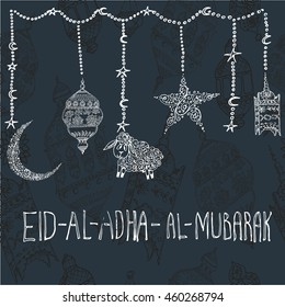 Hand drawn vector of Eid Al Adha Mubarak. Festival of Sacrifice. Famous festival of Muslim community celebration.