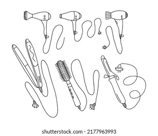 Hand drawn vector electric equipment set. Doodle hairdryer and  straightening styling vector set