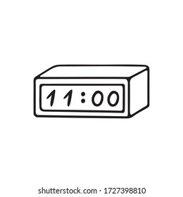 Hand drawn vector electronic watch. Alarm clock. It's eleven in the morning, time to get up in quarantine. Isolated on white background. Doodle style. Sketch. Illustration for web design.