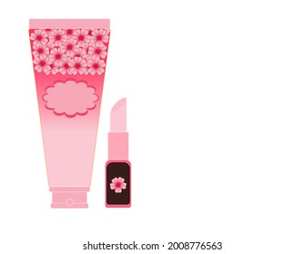 hand drawn vector, Elegant cherry blossom cosmetic  lipstick and body lotion on white background 