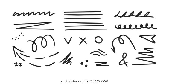 Hand drawn vector elements, arrow, line, emphasis scribbles, curls, dots. Brush or marker scribbles, underlines, pencil sketch graphic