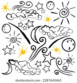 Hand Drawn vector elements - Good night (sleeping moon, stars, clouds). Illustrations in sketch style. Perfect for prints, postcards, posters etc