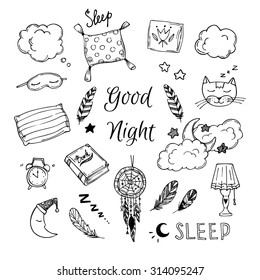 Hand Drawn vector elements - Good night (dreamcatcher, sleeping moon, pillows, feathers, book, lamp, sleeping cat and more).