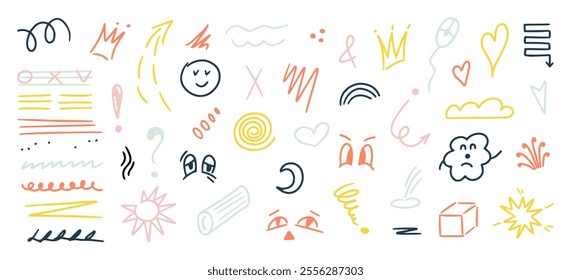 Hand drawn vector elements, heart, arrow, line, star, crown, speech cloud, flower, emphasis. Color line brush or marker scribbles, underlines, pencil sketch graphic
