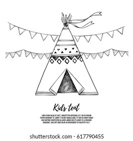 Hand Drawn vector elements - Kids tent with garlands. Illustrations in sketch style. Perfect for prints, postcards, posters etc