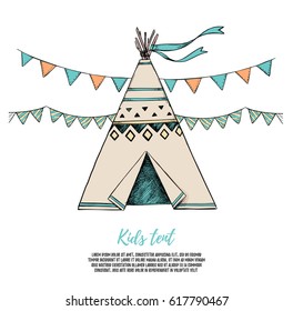 Hand Drawn vector elements - Kids tent with garlands. Illustrations in sketch style. Perfect for prints, postcards, posters etc