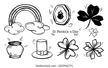 Hand drawn vector elements set for St. Patrick's Day. Funny holiday stickers. Several different clover leaves, Leprechaun treasure, rainbow, top hat. Signs for advertising banner, flyer layout design.