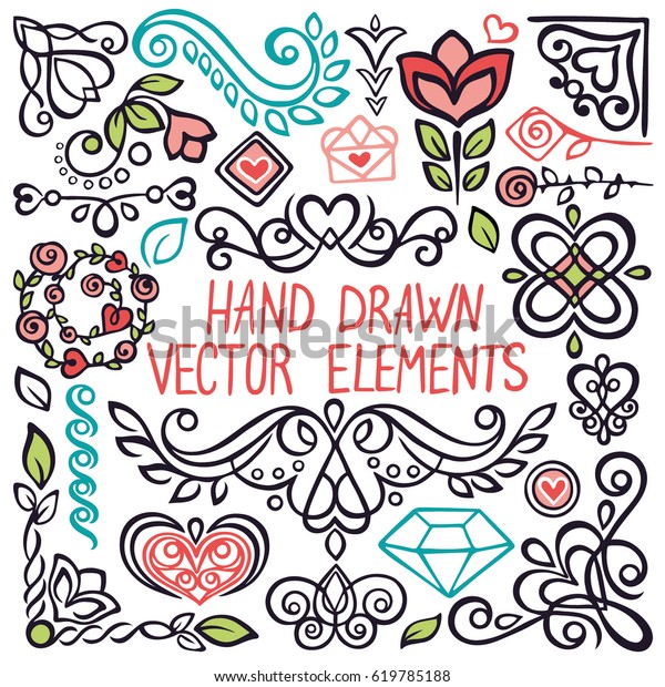 Hand Drawn\
Vector Elements Such As Wreath, Floral Elements, Corners,\
Flourishes Calligraphic Ornaments For Wedding Invitations, Banners,\
Posters, Badges, Bags, Logotypes And So\
On.